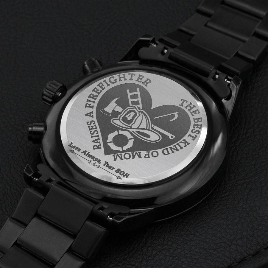 To My Best Firefighter Mom Engraved Design Black Chronograph Watch Engraving Chronograph Watch