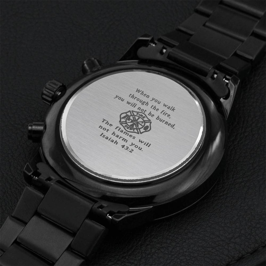 Fireman Engraved Design Black Chronograph Watch Gift For Dad Engraving Chronograph Watch