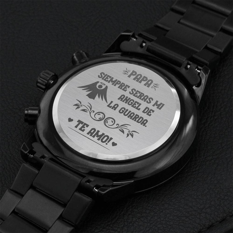 Spanish Engraved Black Chronograph Watch Siempre Seras Mi Angel De La Guarda Engraving Chronograph Watch