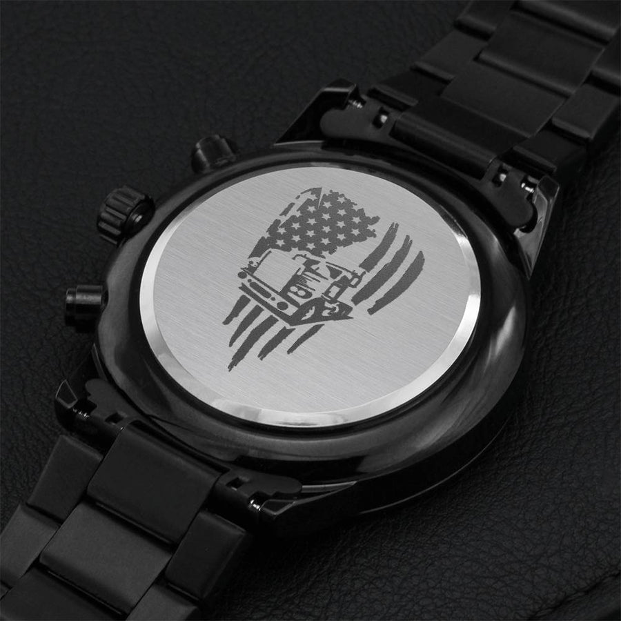 Engraved Trucker Flag Design Black Chronograph Watch Engraving Chronograph Watch