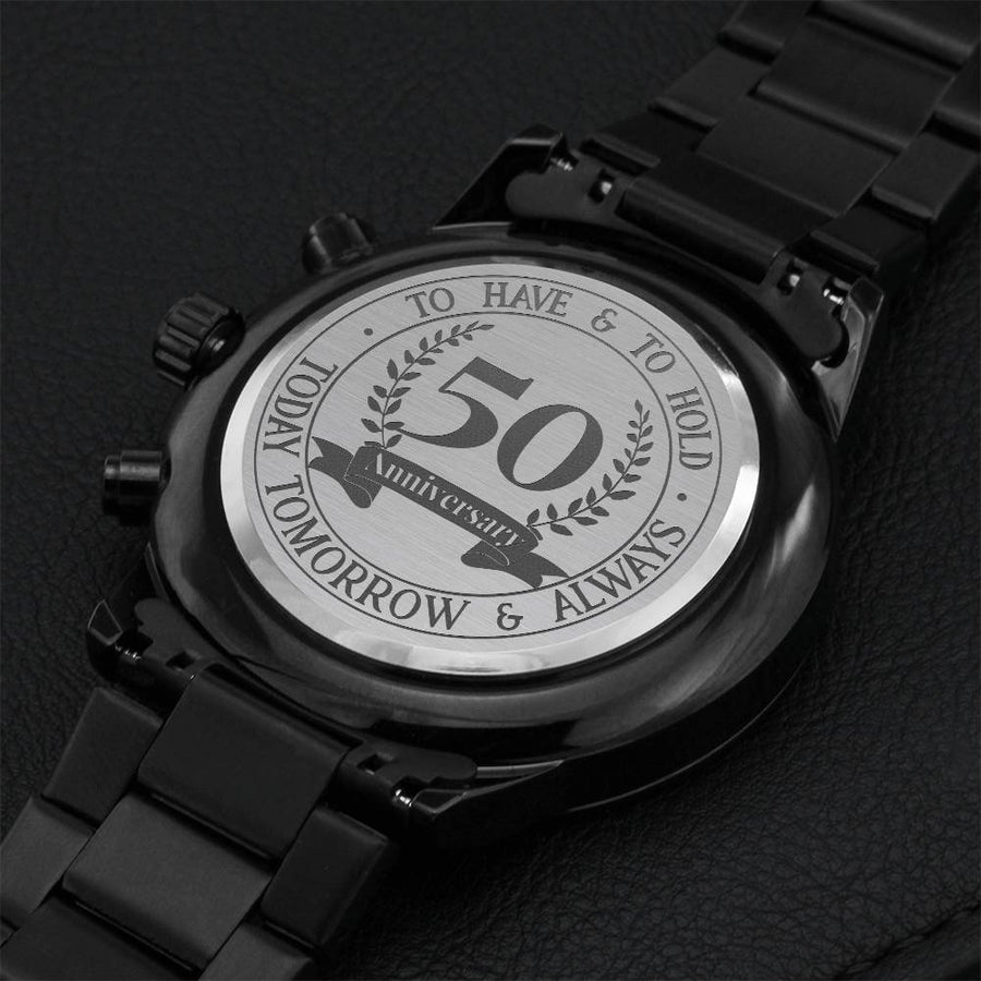 50th Anniversary Gift For Him 2021 Golden Anniversary Gifts Engraved Men's Black Chronograph Watch Engraving Chronograph Watch
