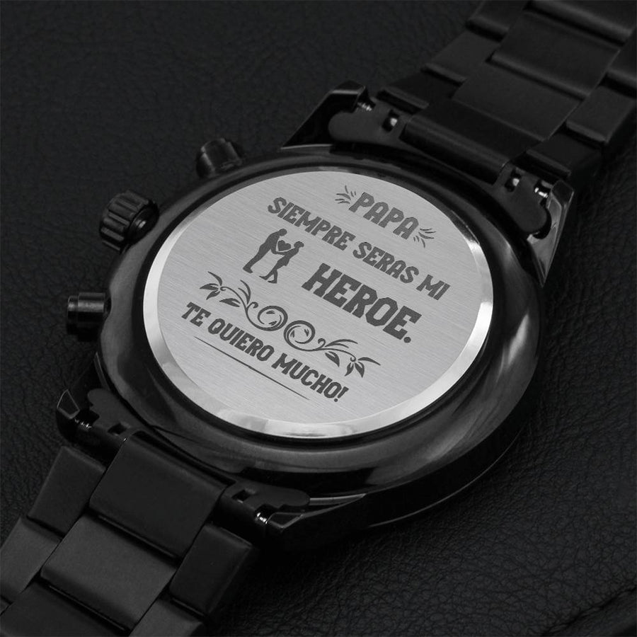 Spanish Engraved Black Chronograph Watch Siempre Seras Mi Heroe Engraving Chronograph Watch