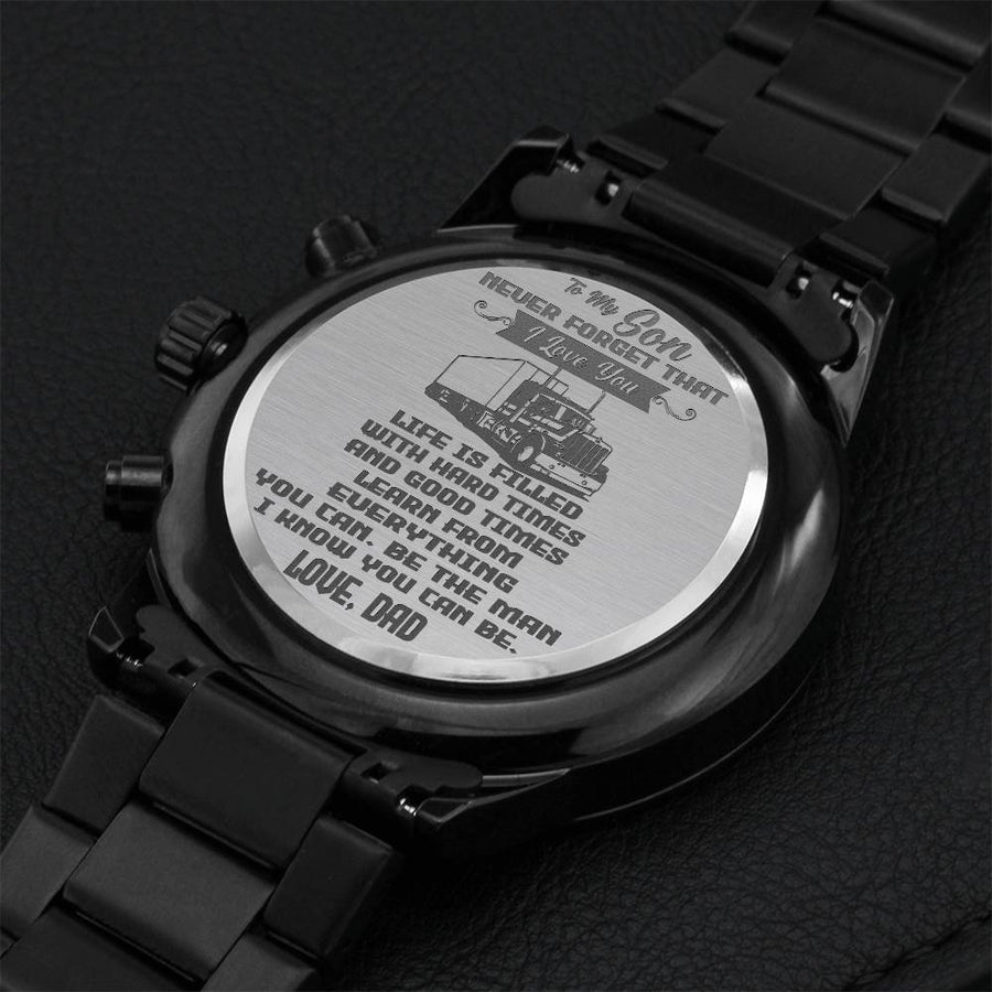 Never Forget I Love You Engraved Customized Black Chronograph Watch Gift For Son Engraving Chronograph Watch