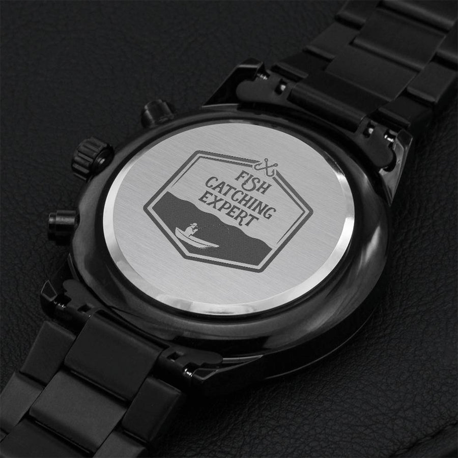 Engraved Design Black Chronograph Watch For Fish Catching Expert Engraving Chronograph Watch