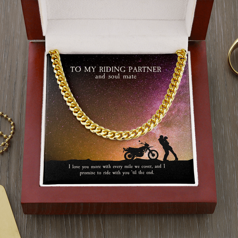 To My Riding Partner and Soul Mate, Cuban Link Chain Masculine Necklace for Riding Partner, Motorcycle Lovers Gift