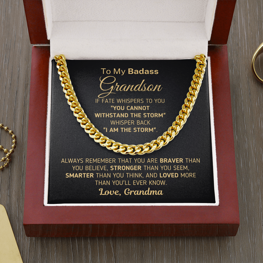 To My Badass Grandson Necklace, Gift For Grandson From Grandma, Cuban Link Chain Necklace For Grown Grandson