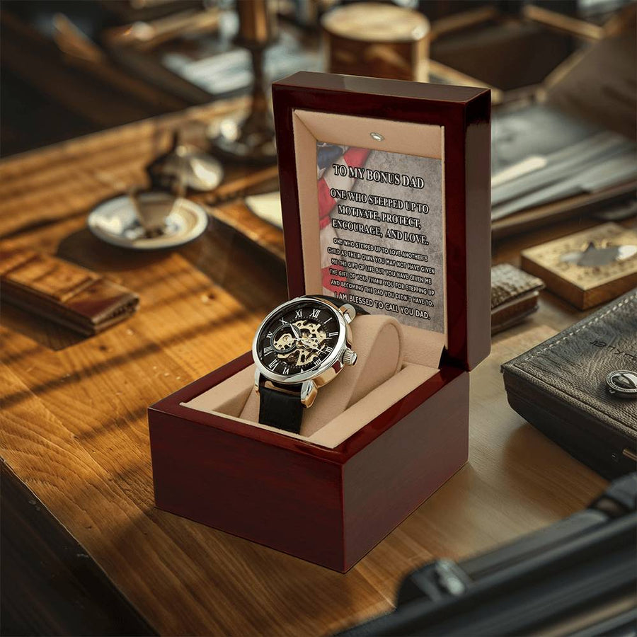 Step Dad Gift From Step Daughter Openwork Automatic Leather Strap Mens Watch Gift For Men To My Bonus Dad Stepped Up Dad Gift(5) Openwork Watch