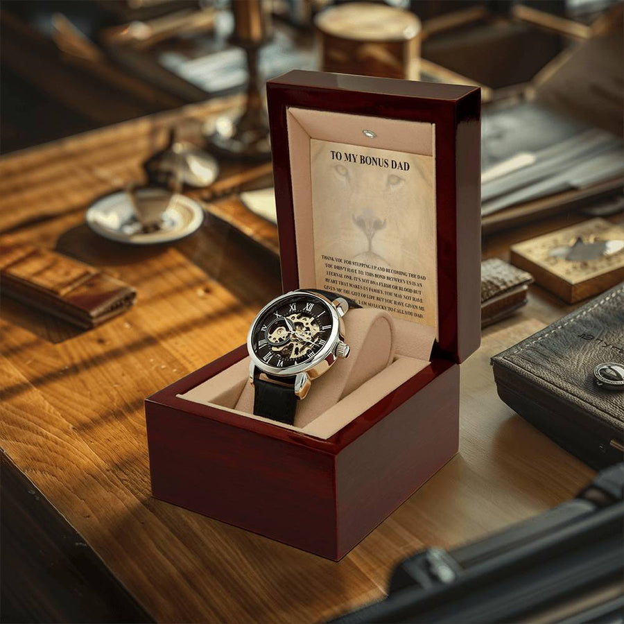 Step Dad Gift From Step Daughter Openwork Automatic Leather Strap Mens Watch Gift For Men To My Bonus Dad Stepped Up Dad Gift(3) Openwork Watch