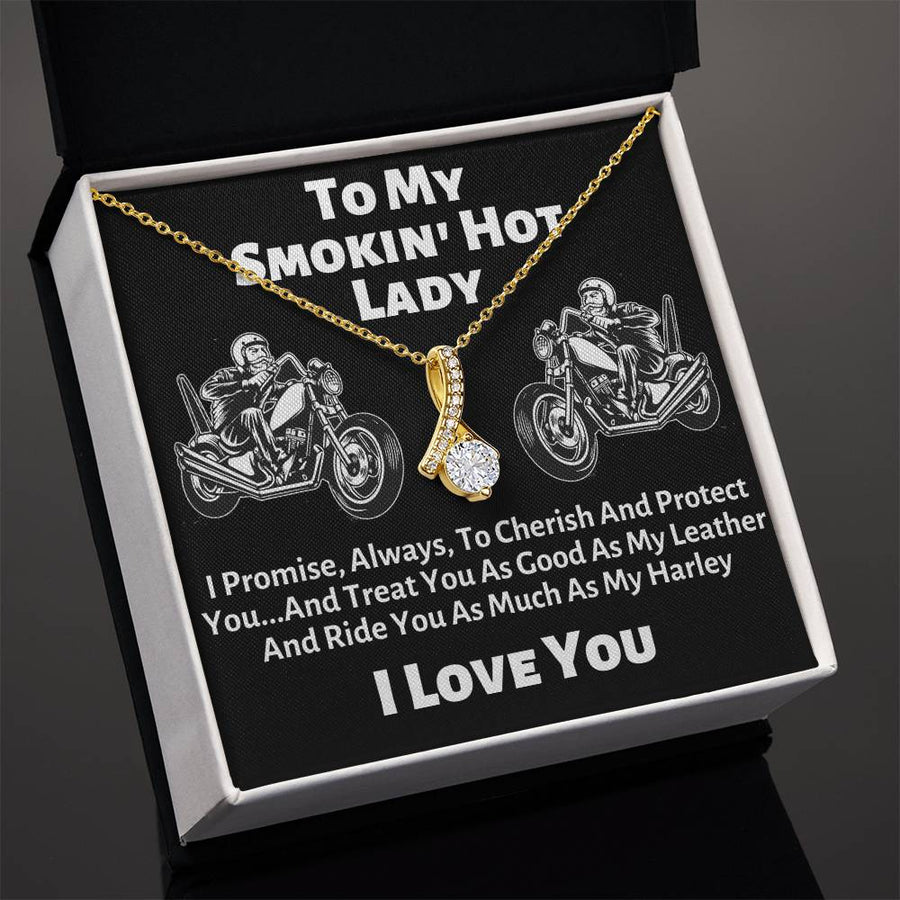 Smokin Hot Lady Cherish Protect Good Leather 18K Yellow Gold Finish Alluring Beauty Necklace Jewelry Perfect Gift for Biker Wife Anniversary
