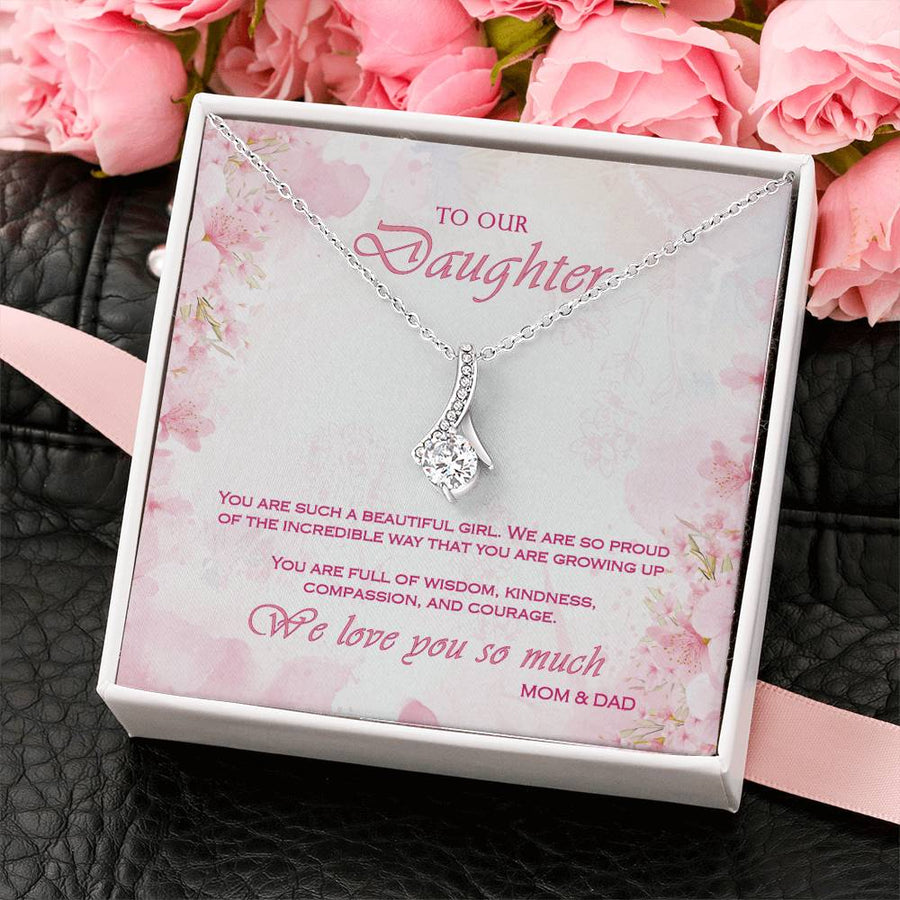 Wisdom Kindness Courage Daughter Necklace 14K White Gold Finish Alluring Beauty Jewelry Emotional Gift from Mom & Dad Pink Floral Card