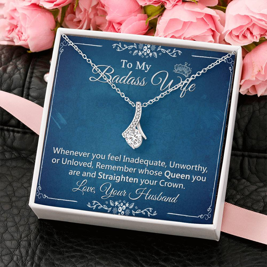 Badass Wife Straighten Your Crown 18K Yellow Gold Finish Alluring Beauty Necklace Jewelry Empowering Gift for Queen Wife Anniversary