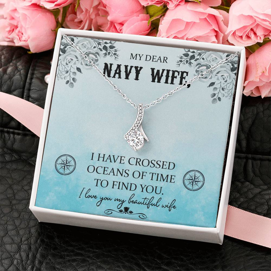 I Love You My Beautiful Navy Wife 14K White Gold Finish Alluring Beauty Necklace Jewelry Heartfelt Gift for Navy Spouse Compass