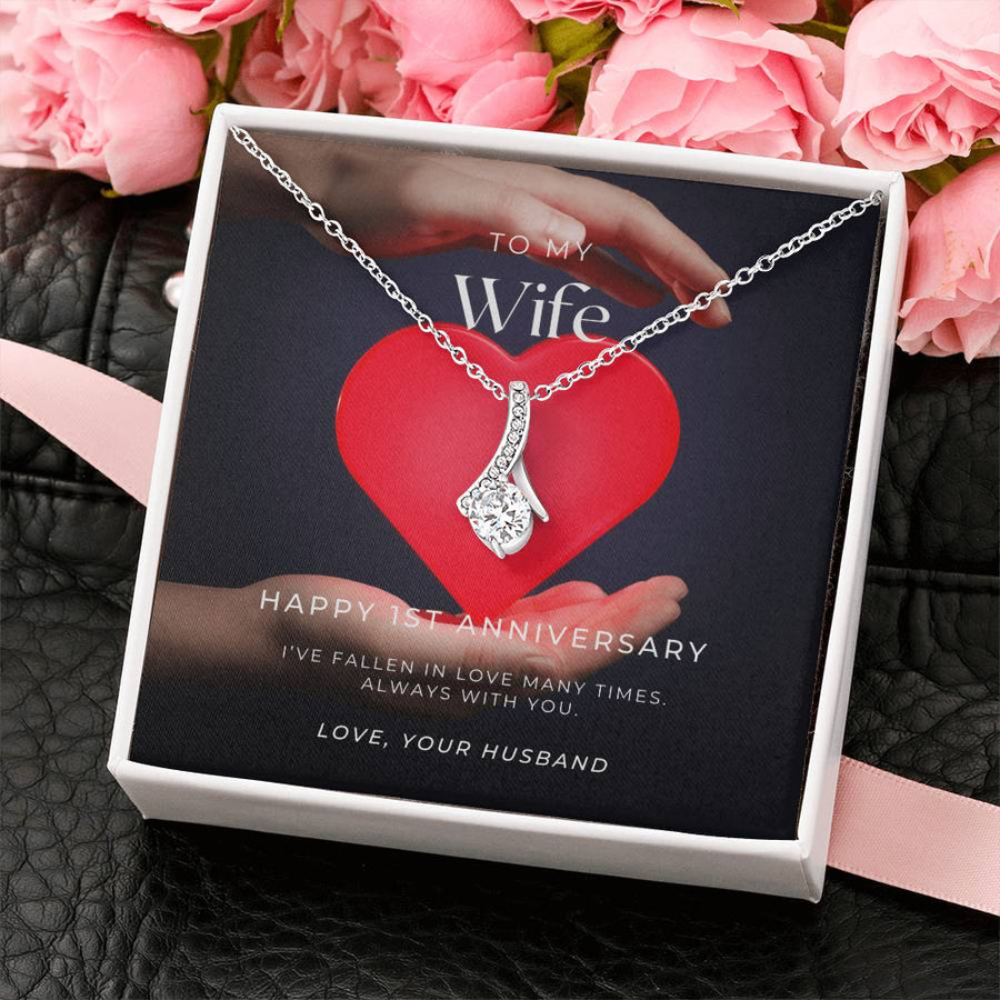 Happy 1st Anniversary Beautiful Wife Heartfelt 14K White Gold Finish Alluring Beauty Necklace Jewelry Perfect Gift for Wife Anniversary from Husband