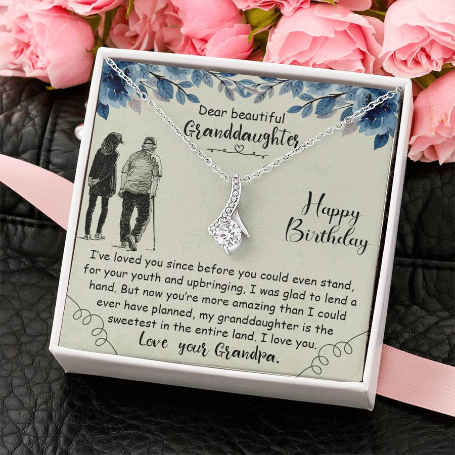 Sweetest Granddaughter in the Land Necklace 18K Yellow Gold Finish Alluring Beauty Jewelry Heartfelt Blue Floral Card Gift from Loving Grandpa