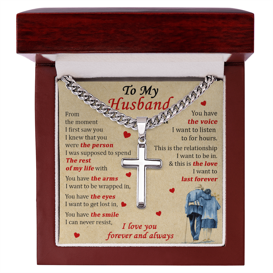 To My Husband The Person Rest of My Life Love Forever Always 14K Gold Artisan Cross Necklace Jewelry Romantic Gift for Husband Anniversary