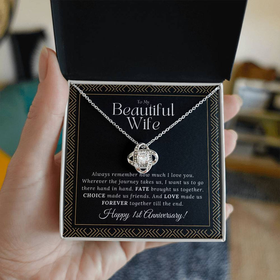 To My Beautiful Wife Happy 1st Anniversary Always Remember How Much Love Journey Forever 14K Gold Love Knot Necklace Romantic Gift for Wife Anniversary