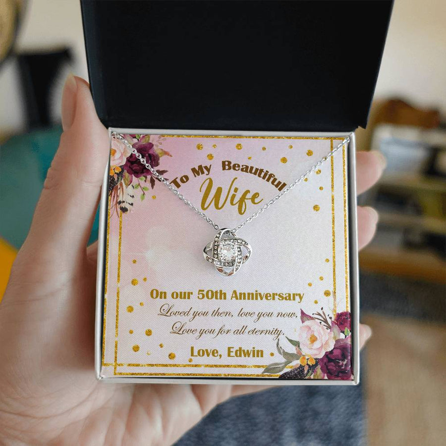 To My Beautiful Wife 50th Anniversary Love You All Eternity 14K Gold Love Knot Necklace Jewelry Romantic Gift for Wife Anniversary
