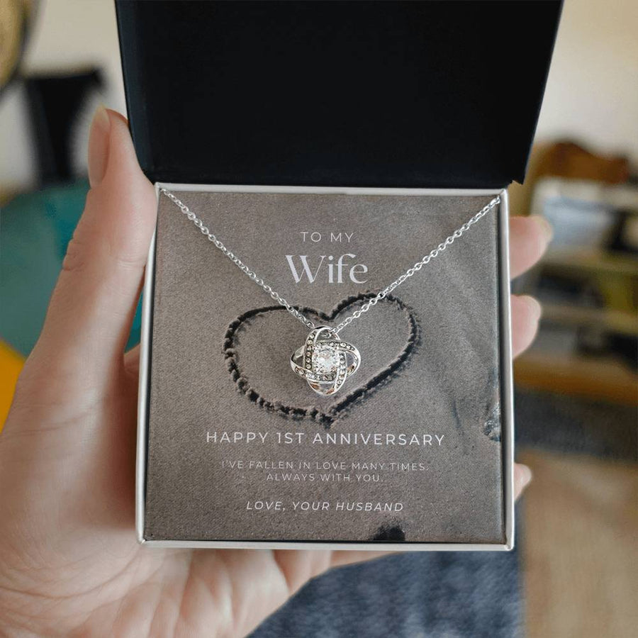 To My Wife 1st Anniversary Fallen in Love Many Times Always With You 14K Gold Love Knot Necklace Jewelry Romantic Gift for Wife Anniversary