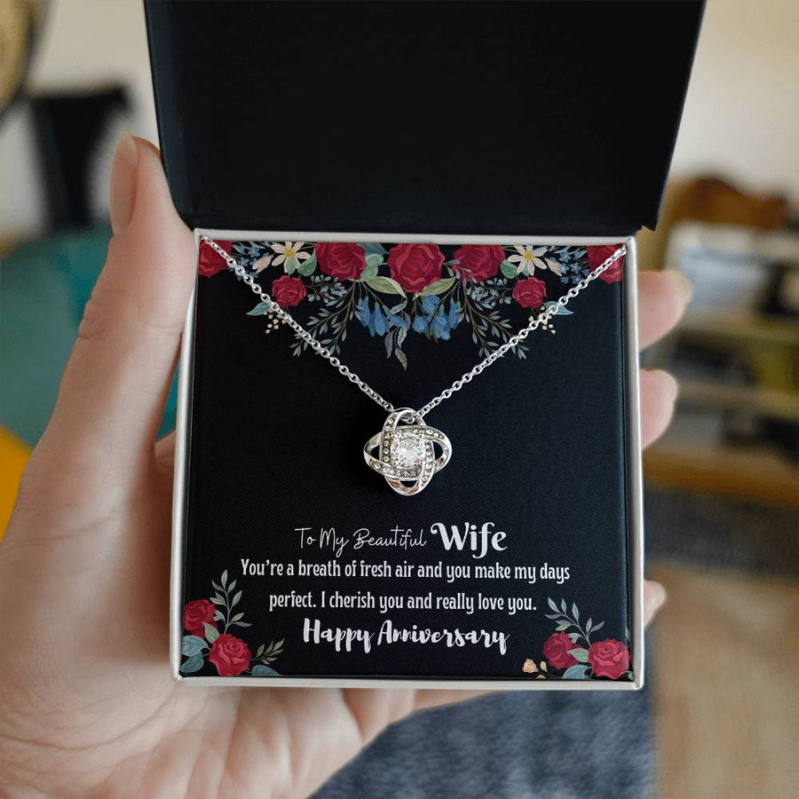 To My Beautiful Wife Breath Fresh Air Make Days Perfect 14K Gold Love Knot Necklace Jewelry Romantic Gift for Wife Anniversary
