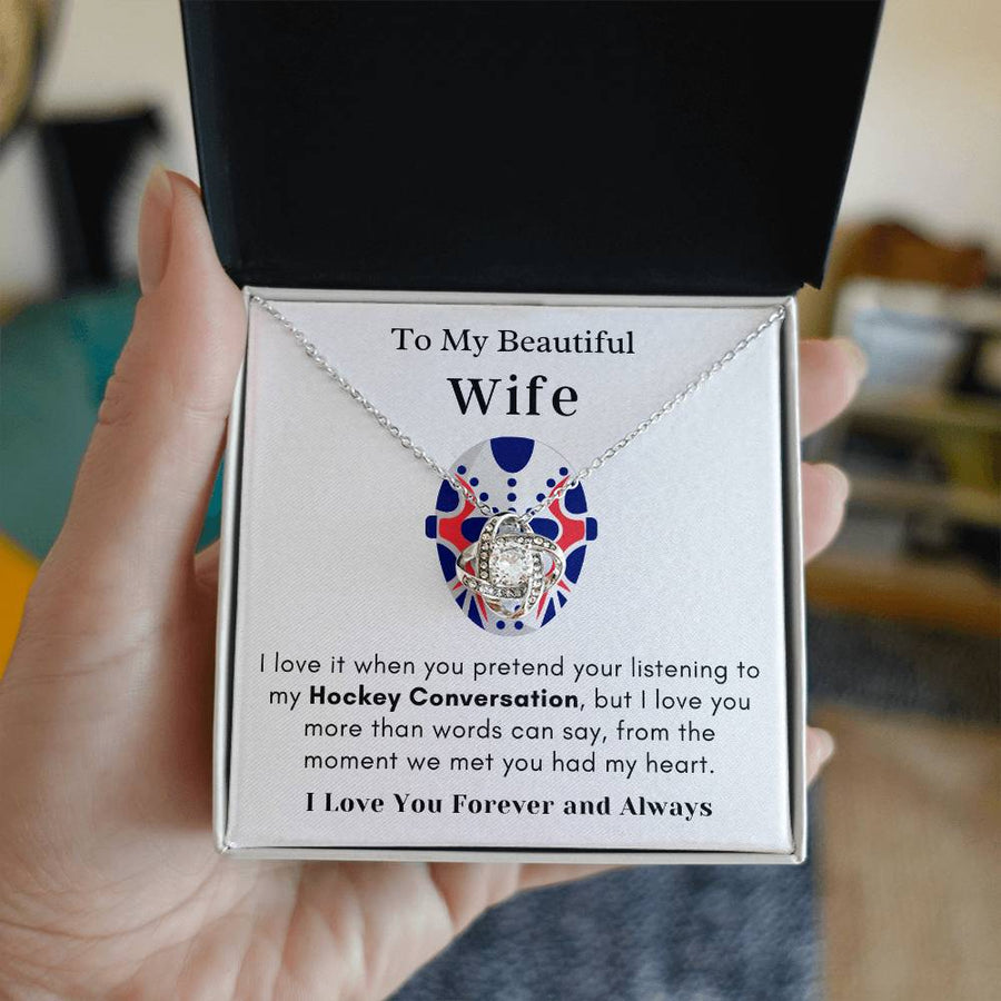 To My Beautiful Wife Hockey Conversation Love You More Than Words Had My Heart Forever Always 14K Gold Love Knot Necklace Jewelry Perfect Gift for Wife Anniversary