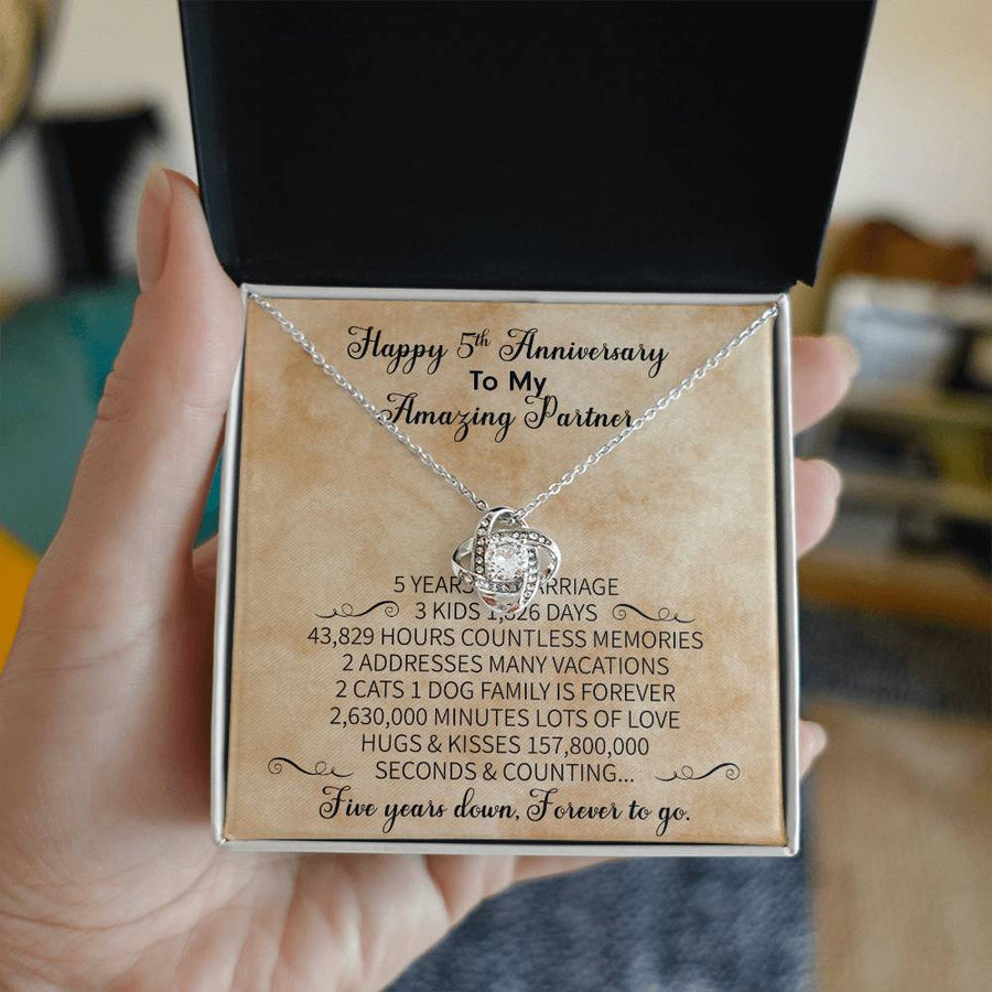 Happy 5th Anniversary My Amazing Partner Five Years Down Forever Go 14K Gold Love Knot Necklace Jewelry Beautiful Gift for Wife Anniversary