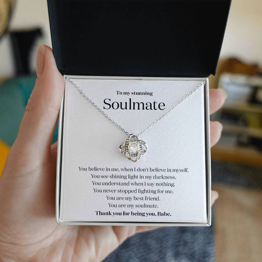To My Stunning Soulmate Believe Shining Light Darkness 14K Gold Love Knot Necklace Jewelry Perfect Gift for Wife Anniversary