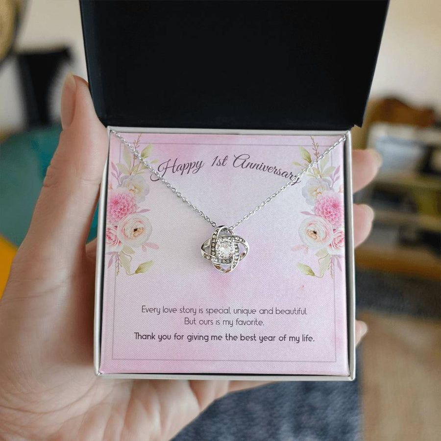 Happy 1st Anniversary Our Love Story My Favorite Best Year 14K Gold Love Knot Necklace Jewelry Beautiful Gift for Wife Anniversary