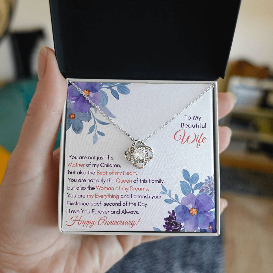 To My Beautiful Wife Happy Anniversary Mother Children Heart Queen Family Dreams 14K Gold Love Knot Necklace Jewelry Gift for Wife Anniversary