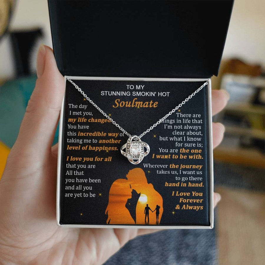 To My Stunning Smokin Hot Soulmate Journey Hand Hand 14K Gold Love Knot Necklace Jewelry Beautiful Gift for Wife Anniversary