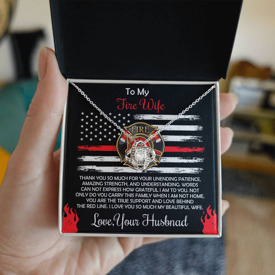 To My Fire Wife Unending Patience Amazing Strength Red Line Support 14K Gold Love Knot Necklace Jewelry Perfect Gift for Wife Anniversary