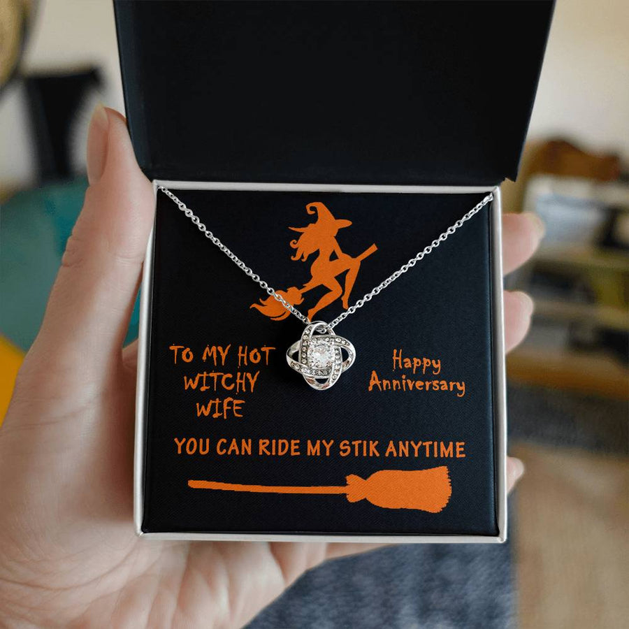 To My Hot Witchy Wife Ride My Stik Halloween 14K Gold Love Knot Necklace Jewelry Romantic Gift for Wife Anniversary