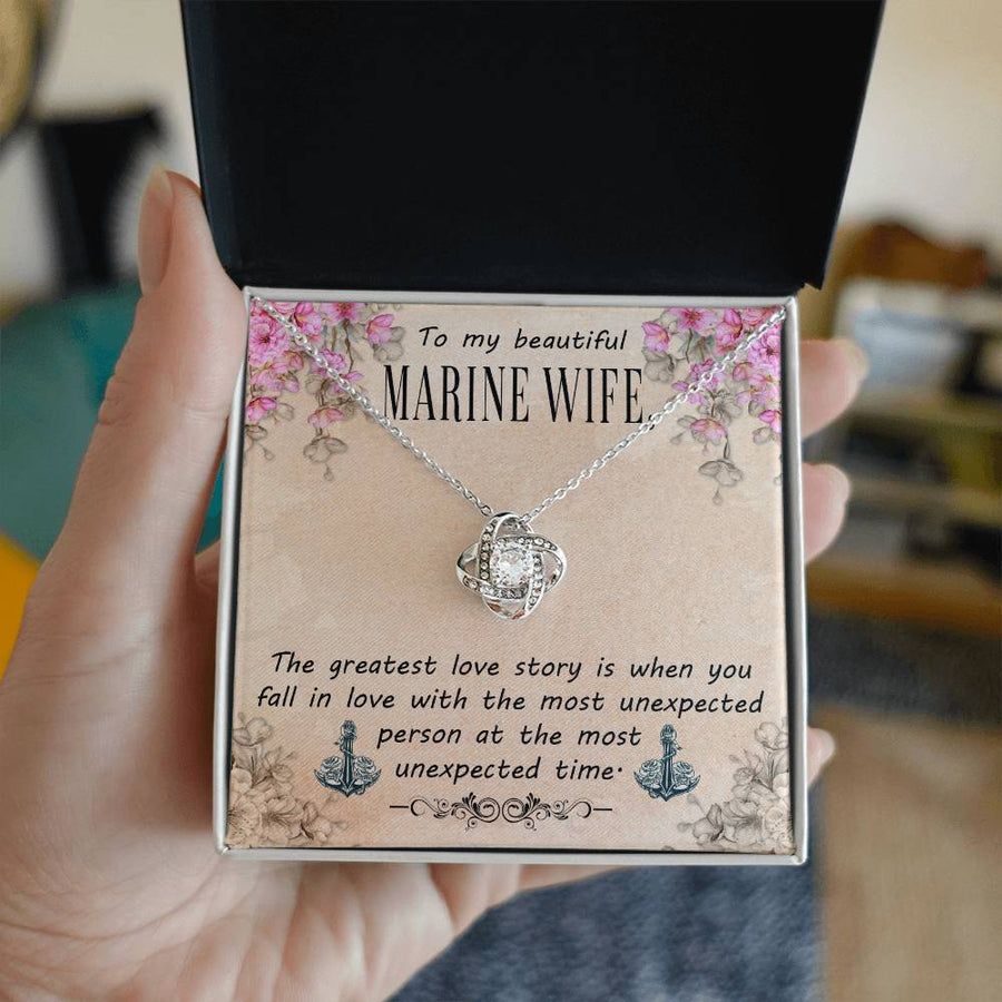 To My Beautiful Marine Wife Greatest Love Story Unexpected 14K Gold Love Knot Necklace Jewelry Beautiful Gift for Wife Anniversary