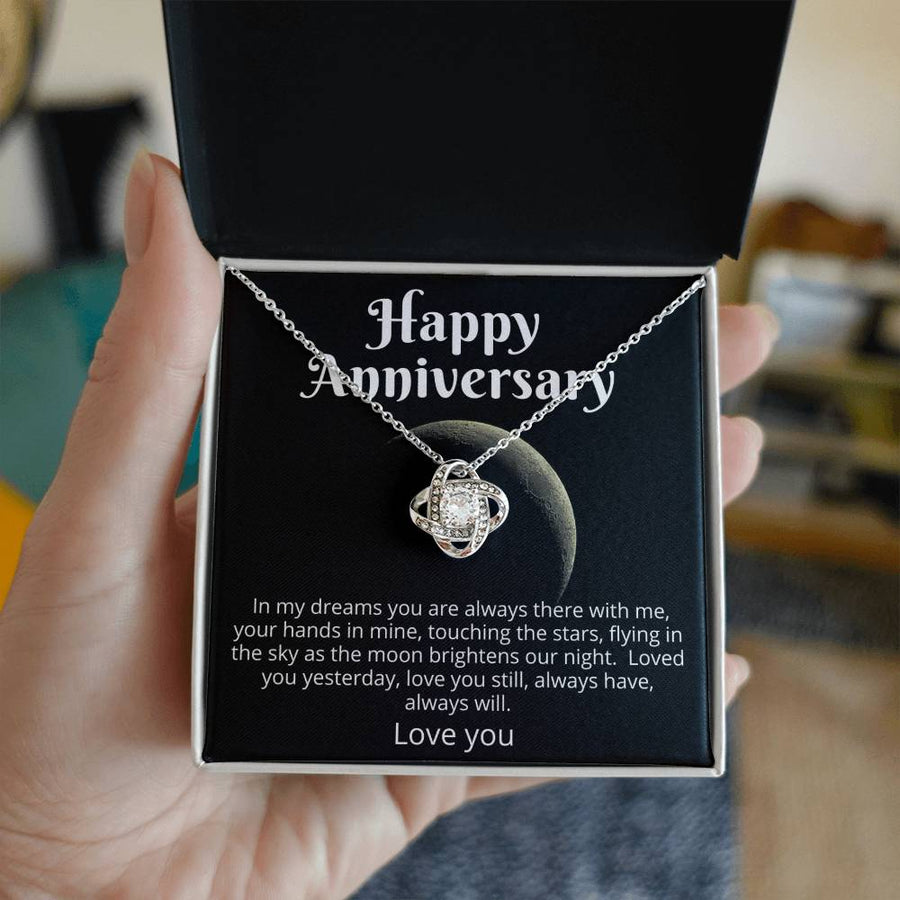 To My Wife Happy Anniversary Dreams Always There Moon Brightens 14K Gold Love Knot Necklace Jewelry Perfect Gift for Wife Anniversary