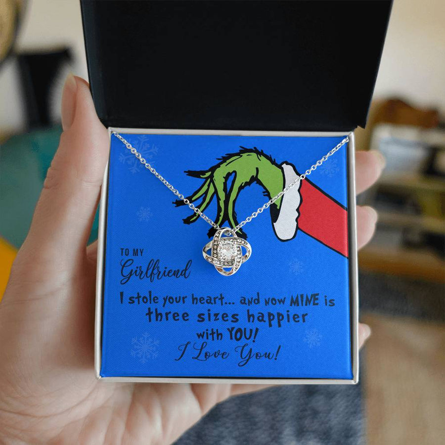 To My Girlfriend I Stole Your Heart Mine Three Sizes Happier 14K Gold Love Knot Necklace Jewelry Romantic Gift for Girlfriend Christmas
