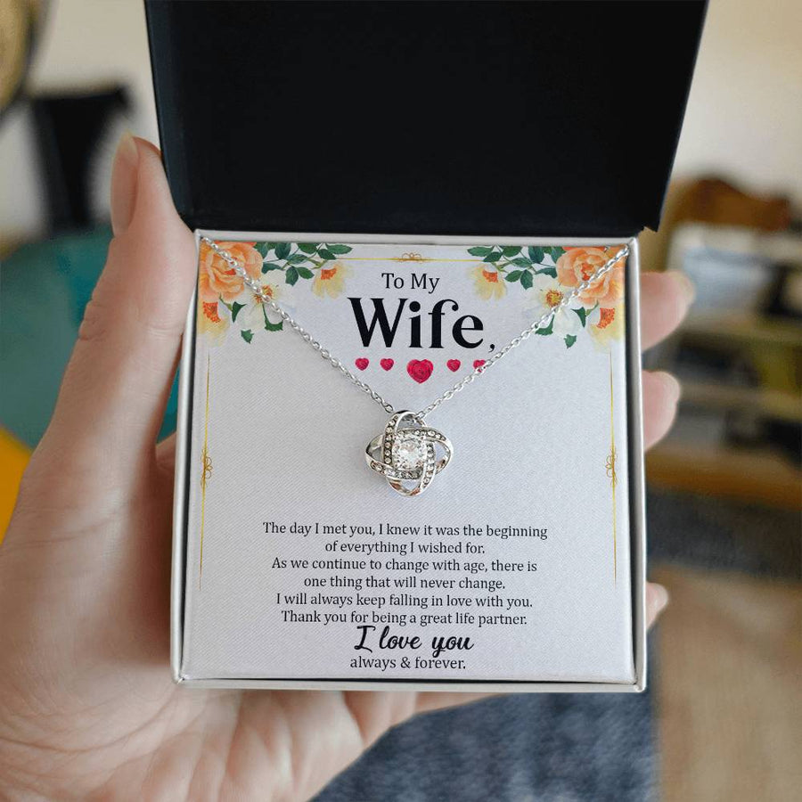 To My Wife Day Met You Beginning Everything Keep Falling Love 14K Gold Love Knot Necklace Jewelry Romantic Gift for Wife Anniversary