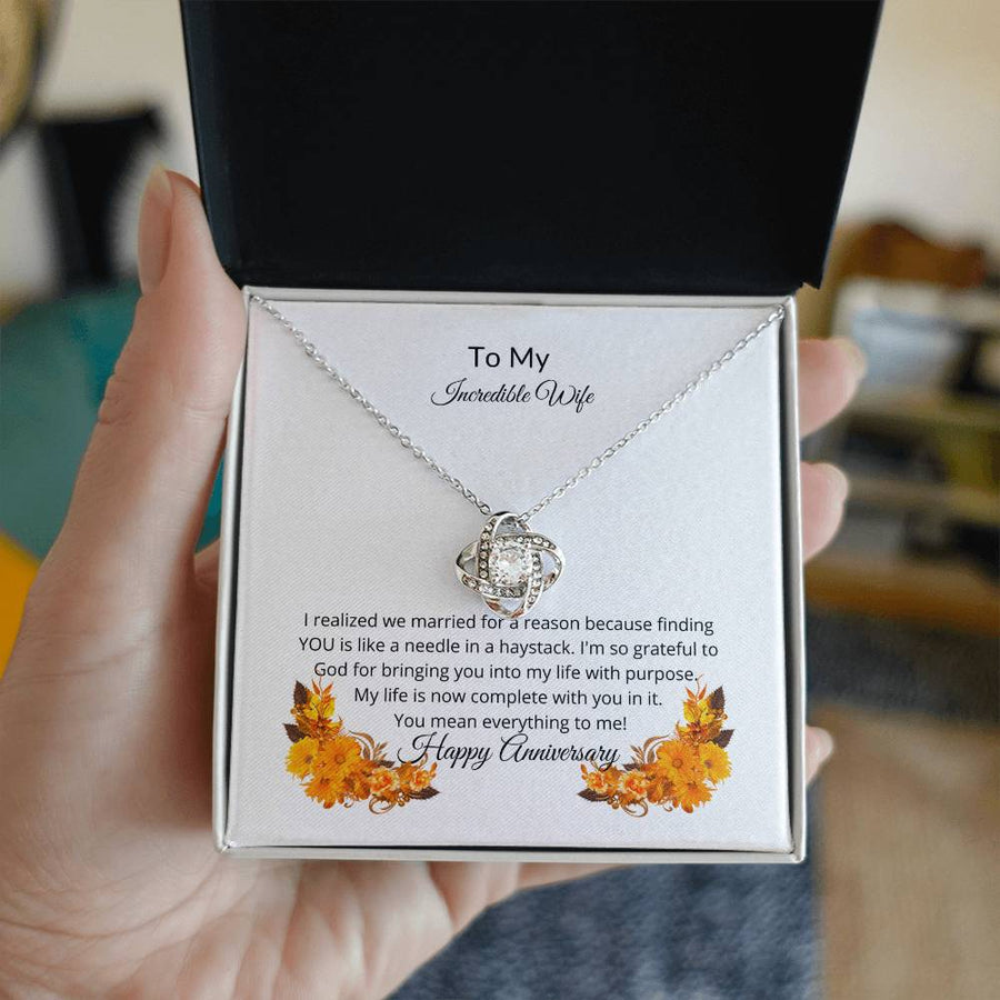 To My Incredible Wife Married Reason Needle Haystack 14K Gold Love Knot Necklace Jewelry Perfect Gift for Wife Anniversary