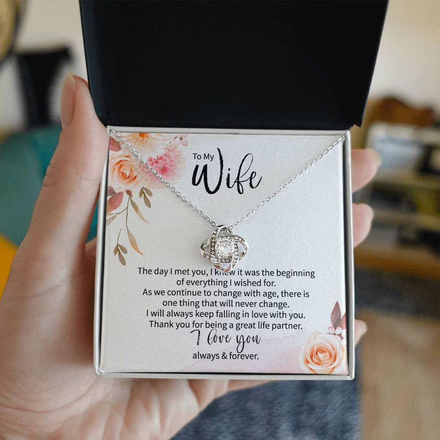 To My Wife Beginning Everything Keep Falling in Love 14K Gold Love Knot Necklace Jewelry Romantic Gift for Wife Anniversary