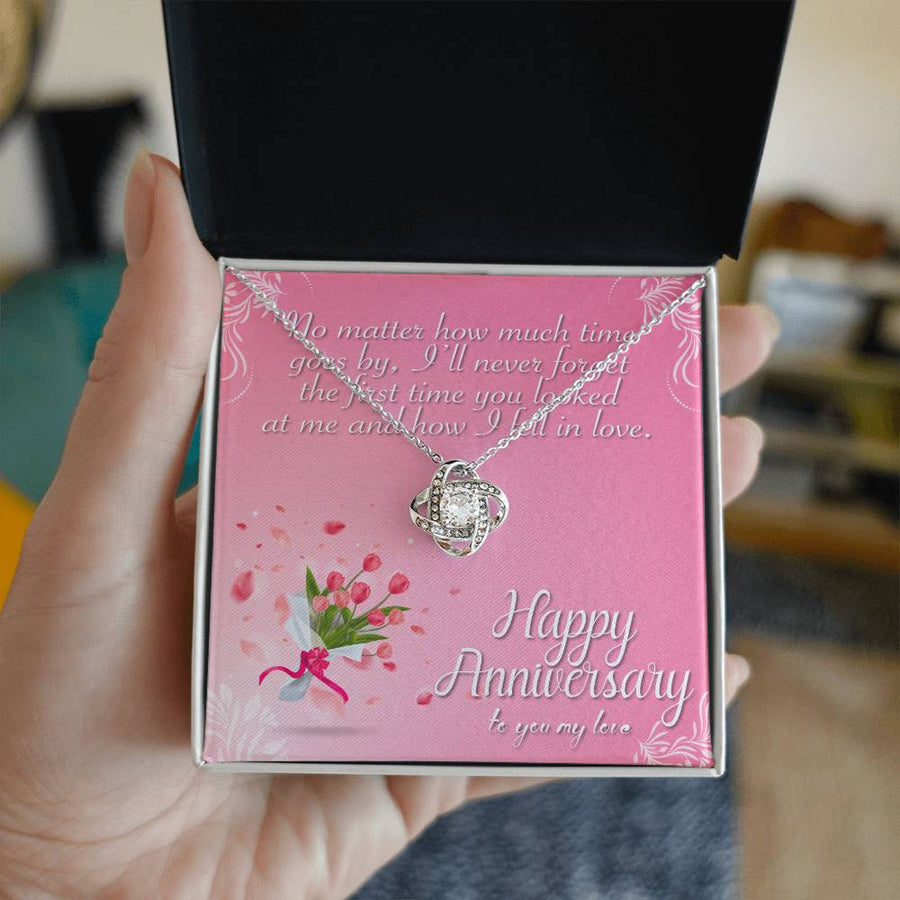 Never Forget First Time Looked at Me Fell in Love 14K Gold Love Knot Necklace Jewelry Romantic Gift for Wife Anniversary