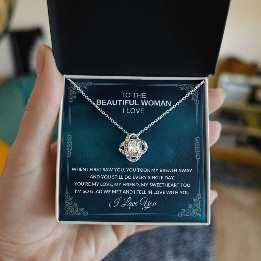 To The Beautiful Woman I Love Took My Breath Away 14K Gold Love Knot Necklace Jewelry Romantic Gift for Wife Anniversary