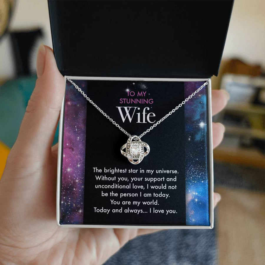 To My Stunning Wife Brightest Star Universe You Are My World 14K Gold Love Knot Necklace Jewelry Beautiful Gift for Wife Anniversar