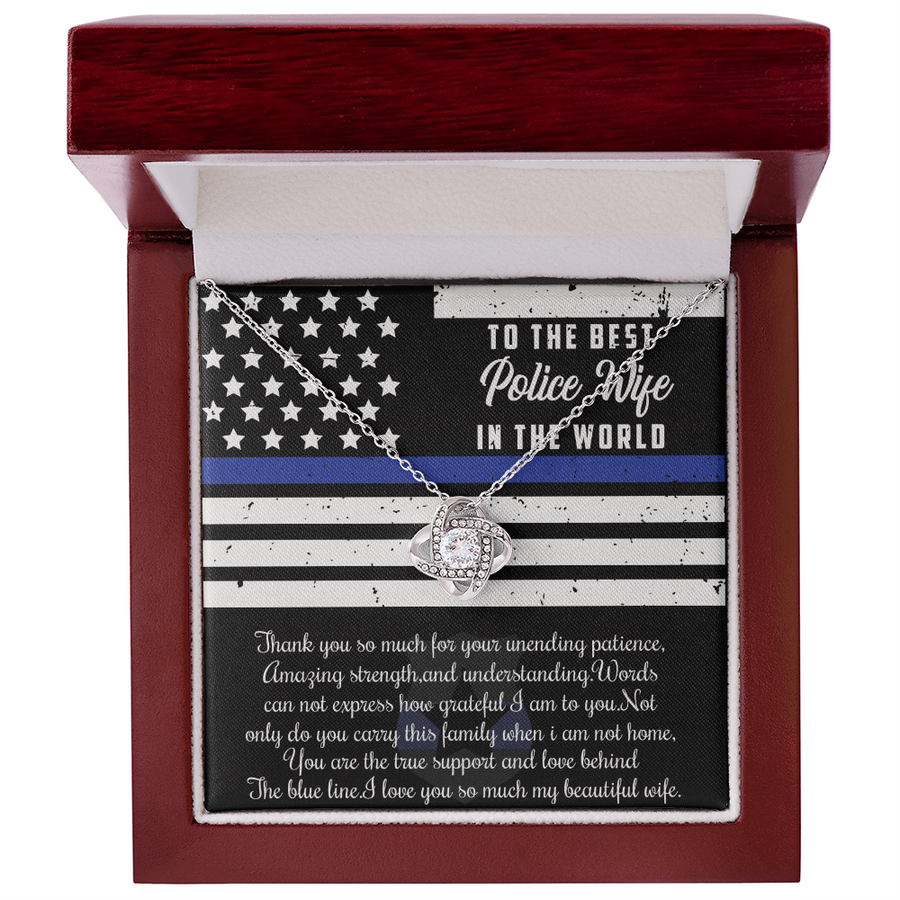 To Best Police Wife Blue Line Support 14K Gold Love Knot Necklace Jewelry Beautiful Gift for Wife Anniversary