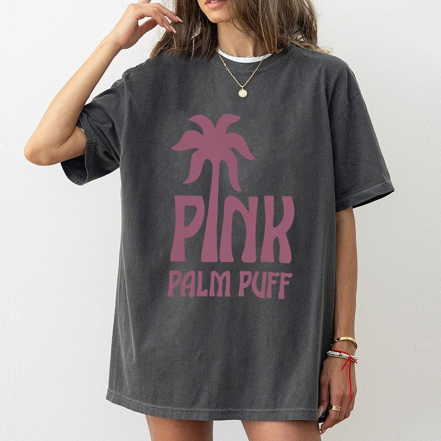 Pink Palm Puff T-Shirt | Retro Tropical Beach Aesthetic Graphic | Premium 100% Cotton Tee | Trendy Unisex Summer Gift For Beach Lovers