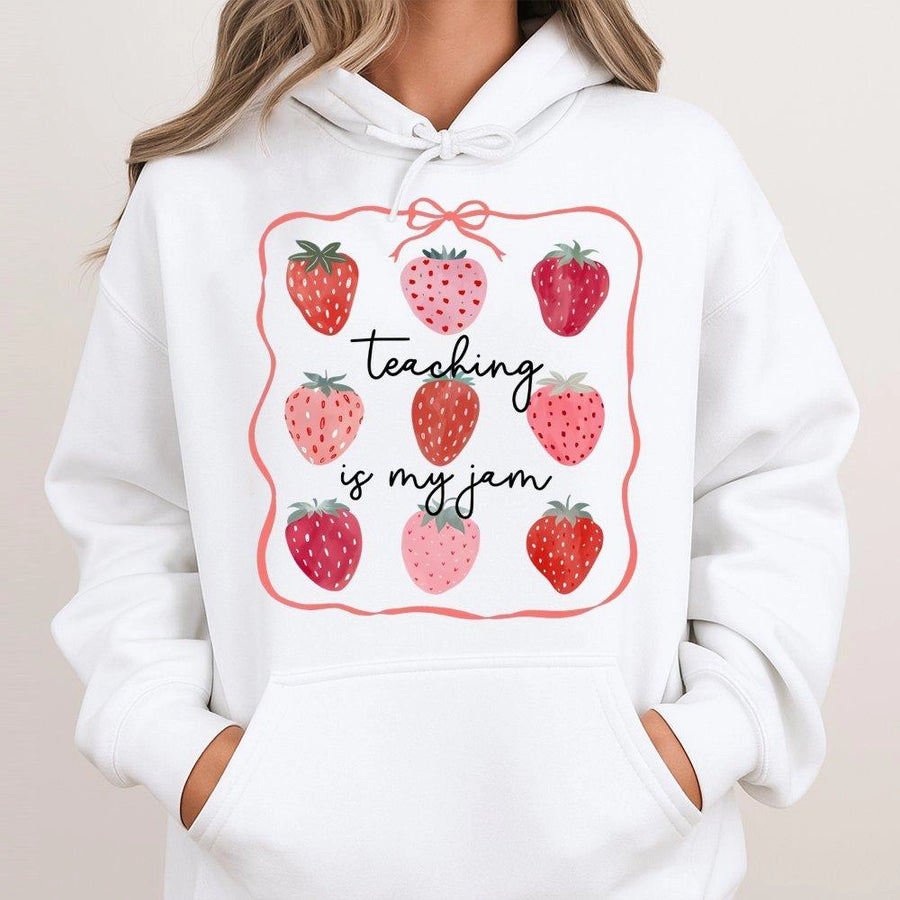 Teaching Is My Jam Hoodie | Cute Strawberry Teacher Graphic | Premium Cotton Blend Pullover | Teacher Appreciation Gift For Women