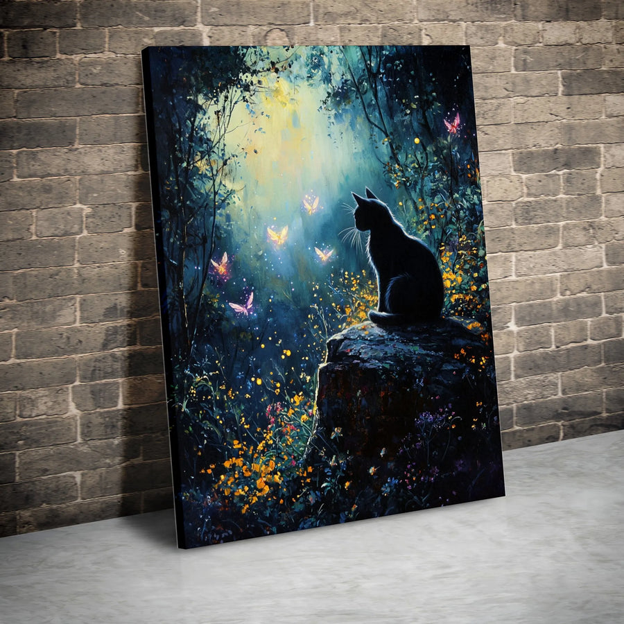 Black Cat Canvas Wall Art | Enchanted Forest Butterfly Scene | 1.25-Inch Gallery Wrap | Whimsical Home Decor Gift for Cat Lovers