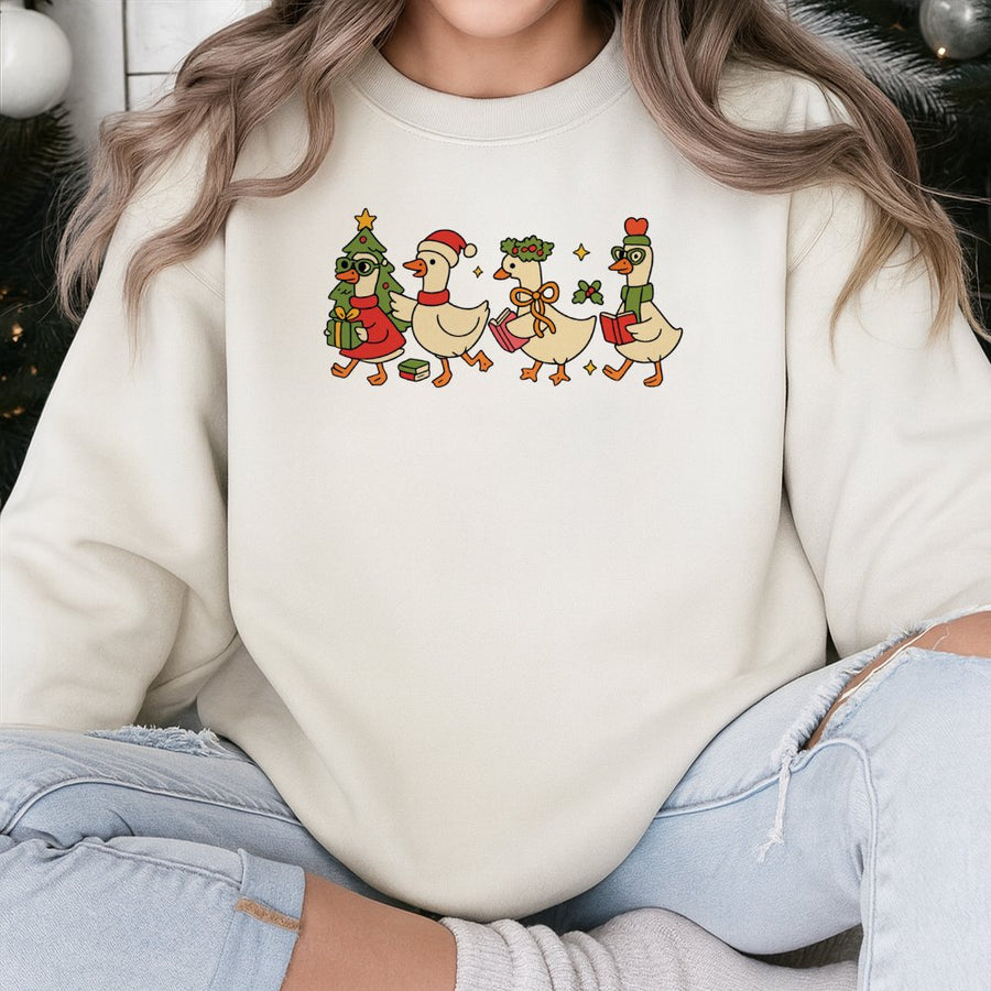 Christmas Duck Sweatshirt | Cute Festive Goose Reading Crewneck | Premium Cotton Blend | Teacher Holiday Gift for Women and Men