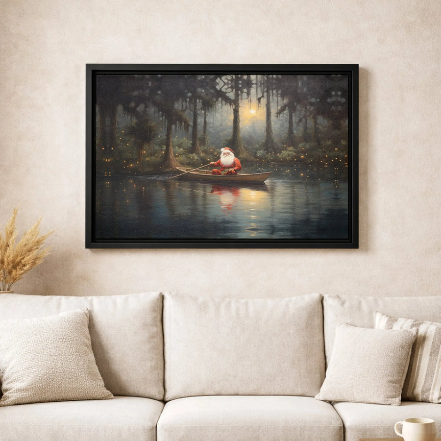 Santa Claus Bayou Canvas Art | Magical Swamp Christmas Boat Scene | Premium Gallery Wrap Print | Whimsical Holiday Home Decor Gift