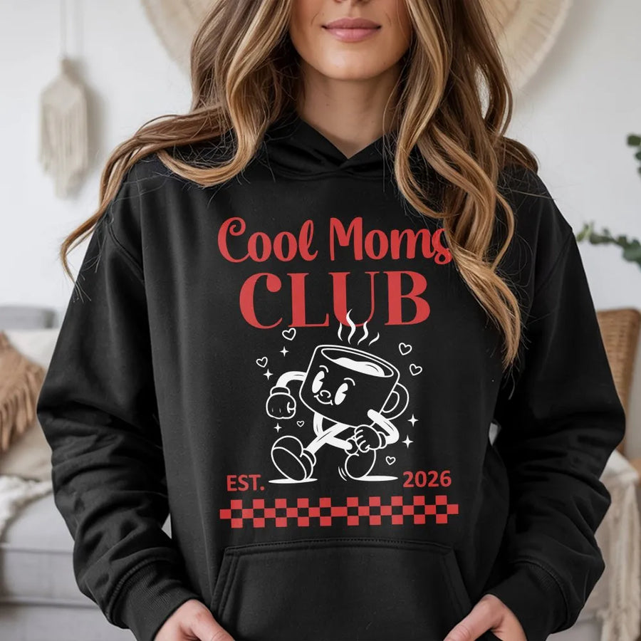 Cool Moms Club Hoodie | Retro Cartoon Coffee EST. 2026 | Soft Cotton Blend Unisex Fit | Mother's Day Gift for New Mom