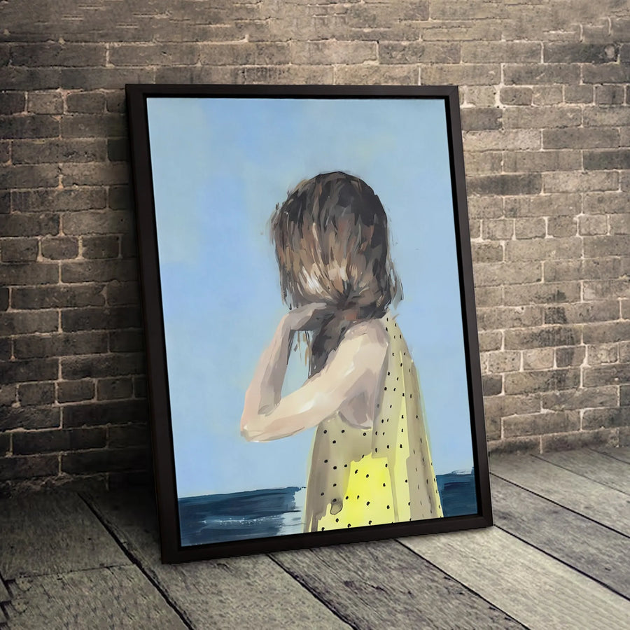 Girl at Beach Canvas Wall Art | Impressionist Yellow Dress Print | Gallery-Quality 1.25 inch Stretched Canvas | Serene Coastal Home Decor Gift