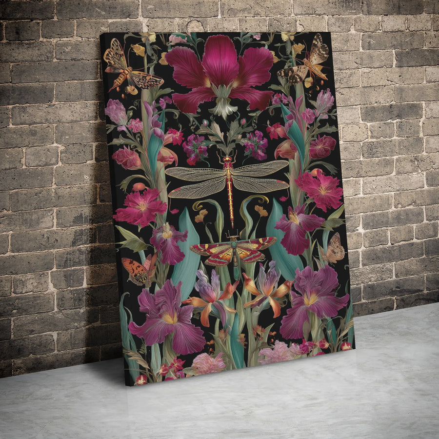 Dragonfly Canvas Wall Art | Vintage Botanical Floral Illustration | Premium Gallery Wrap Print | Dark Academia Home Decor Gift