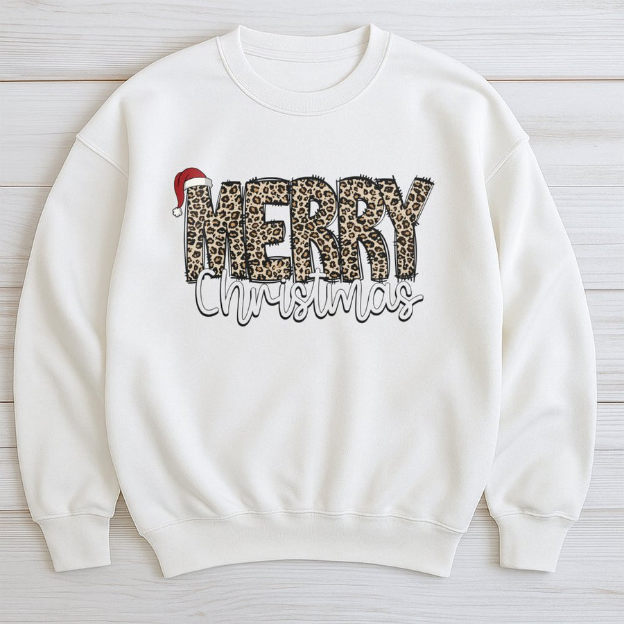 Merry Christmas Leopard Print Sweatshirt | Santa Hat Holiday Graphic Tee | Soft Cotton Blend Unisex Pullover | Cute Winter Gift For Her